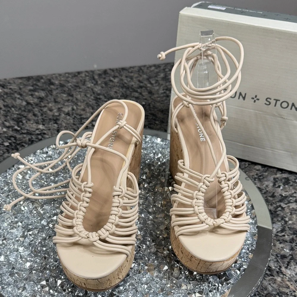 Sun + Stone eggshell Tilly Beige Strappy Lace Up cork Wedge Sandals NEW 7.5